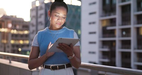 Black woman, tablet and smile on rooftop for digital networking, planning schedule and working on social media app. Happy, gen z girl and streaming or reading communication on tech device on balcony