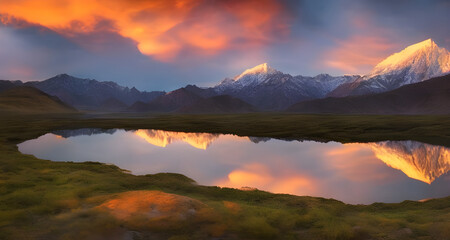 Fototapeta na wymiar Ai Digital Illustration Magnificent Landscape With Lake And Mountains