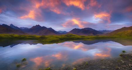 Fototapeta premium Ai Digital Illustration Magnificent Landscape With Lake And Mountains