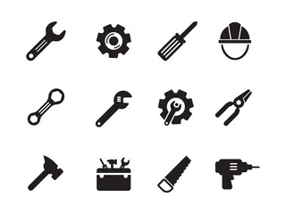 Set of tools icon with black design isolated on white background