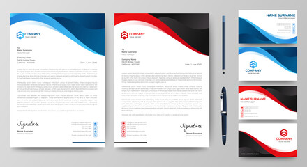 Professional creative letterhead and business card template. Modern a4 Business Letterhead Design. Red and Blue. Corporate business card branding identity. Vector