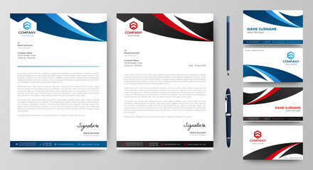 Professional creative letterhead and business card template. Modern a4 Business Letterhead Design. Red and Blue. Corporate business card branding identity. Vector