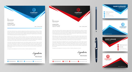 Professional creative letterhead and business card template. Modern a4 Business Letterhead Design. Red and Blue. Corporate business card branding identity. Vector