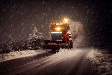 Illustration of a snowplow on a snowy street in winter outdoors. Content is created with generative ai
