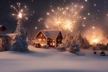 Wandaufkleber Illustration of a snowy countryside village during silvester night with firework in the background. Content is created with generative ai © Annabell Gsödl