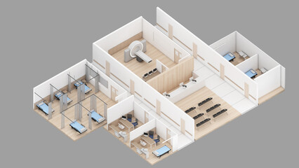 Isometric view of a hospital,medical area, ward,3d rendering.