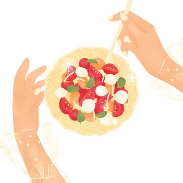 woman eating a healthy delicious salad with tomato basil and mozzarella cheese on transparent background