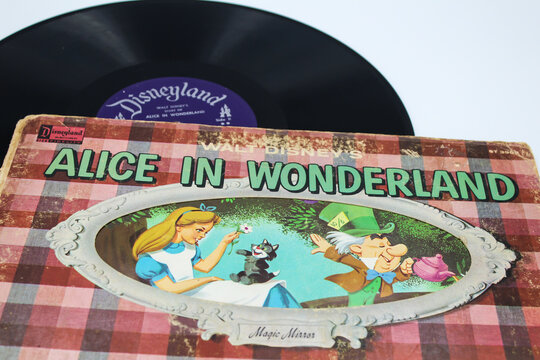 Alice in Wonderland Disney Movie Soundtrack music album on vinyl record LP disc on white isolated background. Taken in Miami, FL on December 2022.