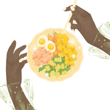 African American woman eating a healthy delicious salad with tomato mango kale chickpea and egg on transparent background