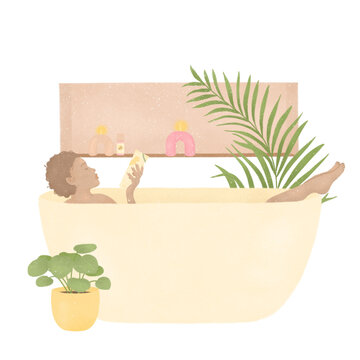 self love self care routine young African American woman enjoying a relaxed bath on transparent background