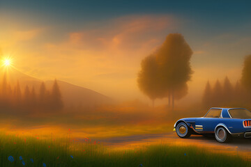 Fototapeta premium car in the morning sunrise