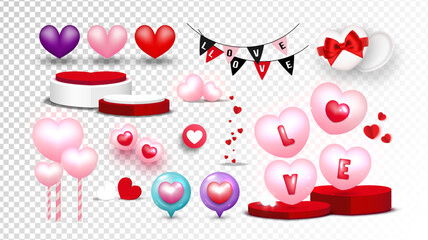 Valentine's day elements. Cute graphic element for advertising, sale, greeting cards, banners, and invitations. Set of Love symbols on transparency background. Vector illustration.