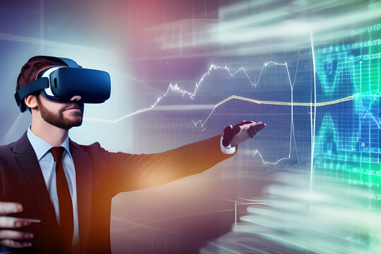 Businessman using virtual reality glasses watching hologram display of data business Stock and financial on global network. Metaverse, Visualization, Technology & Management strategy with AI generate