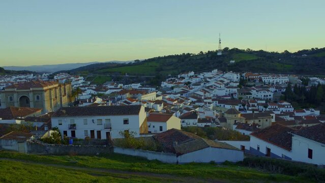 unique sunset countryside rural spanish andalucia sierra jamones  old white villages of the Sierra de Aracena, Huelva Jabugo green colors of the mountains,the spectacular brown purple orange sunset