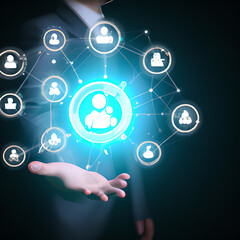 CRM. Customer network relationship management concept, Businessman hold of global structure customer network technology, Data exchanges development, Banking, Business strategy with ai generate