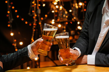 food and drink male friends are happy drinking beer and clinking glasses at a bar or pub.