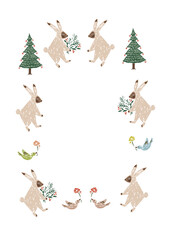 うさぎと鳥ともみの木のカラフルなイラスト