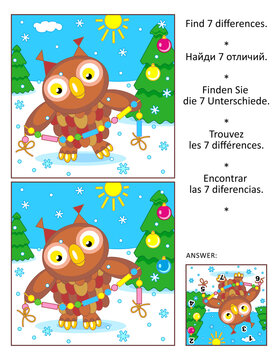 Differences game with owl and glass beads garland Answer included.
