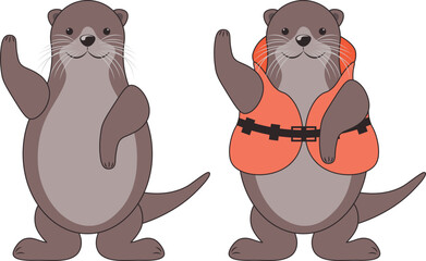 Otter. Cute smiling otters in an orange life jacket and without a vest. The otter rescuer waves his paw. Cute cartoon animal. Vector illustration isolated on a white background