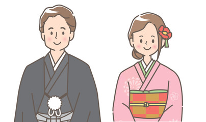 着物姿の男女のイラストセット素材