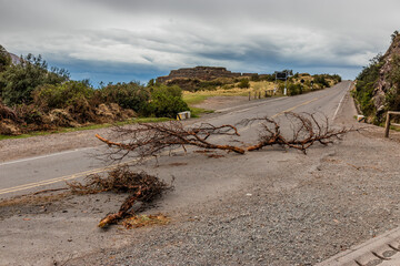 Barricades blocking 28G road during protests on December 15, 2022 near Puka Pukara ruins near...