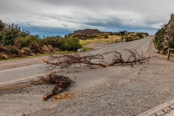 Barricades blocking 28G road during protests on December 15, 2022 near Puka Pukara ruins near Cusco, Peru