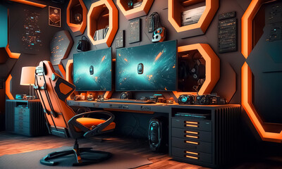 Games room with a cyber gamer computer. digital art