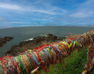 Colorful ribbons of Senhor do Bonfim with view of sea, Salvador, Bahia, Brazil. Famous touristic place in carnival