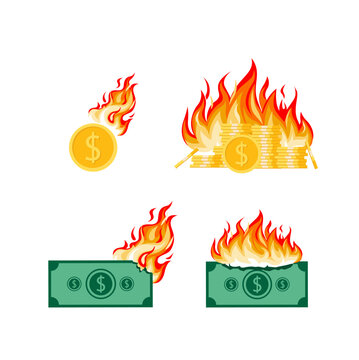 Set Of Money On Fire Inflation Illustrations Economic Crisis