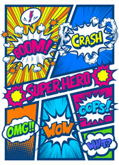 アメコミ風コマ割り素材 Retro pop art comics book magazine, speech bubble, balloon, box message , Super Hero.
