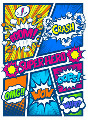 アメコミ風コマ割り素材 Retro pop art comics book magazine, speech bubble, balloon, box message , Super Hero. © Tkz26 Graphics