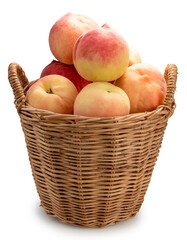 White Peach fruit in the basket isolated on white background, White Peach fruit on white With clipping path.