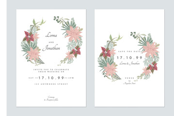 Floral wedding invitation card template design, various plants wreath on white
