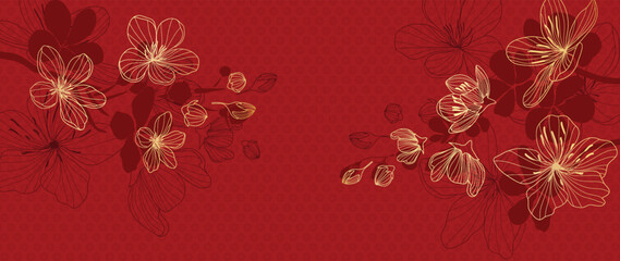 Happy Chinese new year luxury style pattern background vector. Oriental sakura flower gold line art texture on red background. Design illustration for wallpaper, card, poster, packaging, advertising. - obrazy, fototapety, plakaty