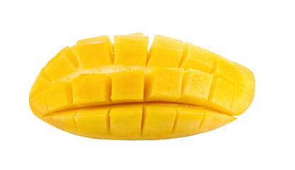 Mango slice cut to cubes close-up isolated on transparent png