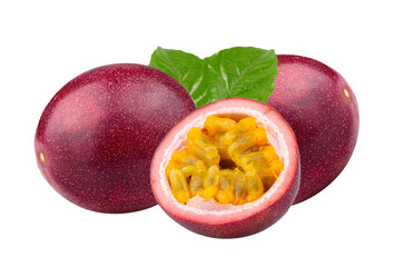 Passion fruit with leaf isolated on transparent png