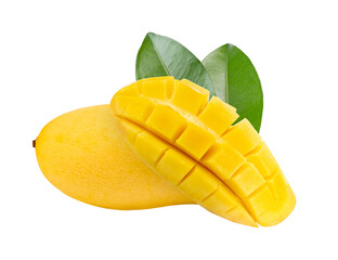 yellow mango with leaf isolated on transparent png