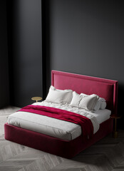 Viva magenta 2023 interior color- premium rich bedroom. Mockup wall dark black and crimson red burgundy colour furniture and velor. Modern room design interior home. Accent modern style. 3d render 