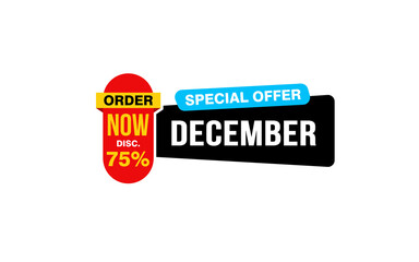 75 Percent december discount offer, clearance, promotion banner layout with sticker style.