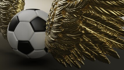 Black-white soccer ball with the metallic gold wings under brown-white background. 3D CG. 3D illustration. 3D high quality rendering.