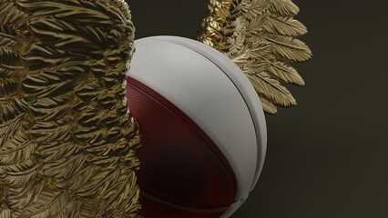 Fototapeta premium Brown-white basketball with the metallic gold wings under white-brown lighting background. 3D illustration. 3D high quality rendering.