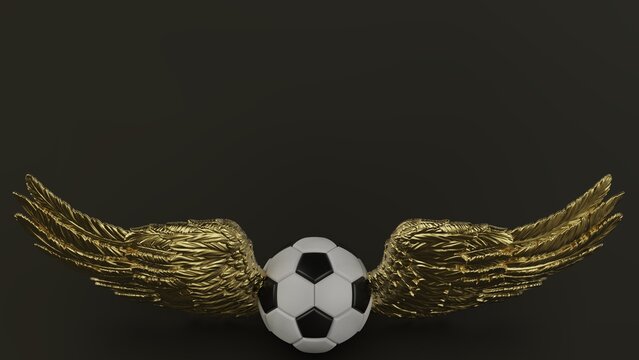 Black-white soccer ball with the metallic gold wings under brown-white background. 3D CG. 3D illustration. 3D high quality rendering.