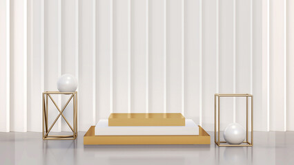 3d scene rendering podium stage display for product placement minimalism gold and white with wall decorations for website