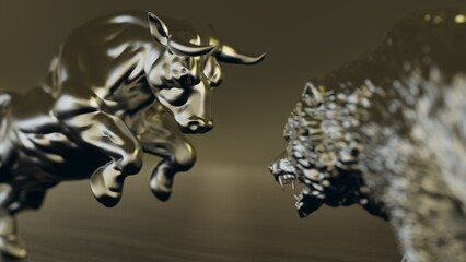 Metallic silver bull and bear sculpture staring at each other in dramatic contrasting light representing financial market trends under brown-white background. Concept 3D CG of stock market.