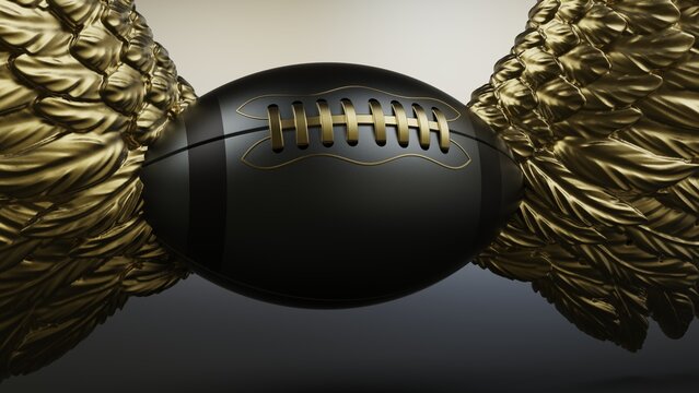 Black-silver American football with the metallic gold wings under blown-white tone flash light background. 3D CG. 3D illustration. 3D high quality rendering.