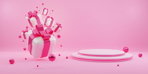 Valentines day Poster or Banner Template with Cute Gift Box and Blank product podium scene. Valentines day and Love background concept.