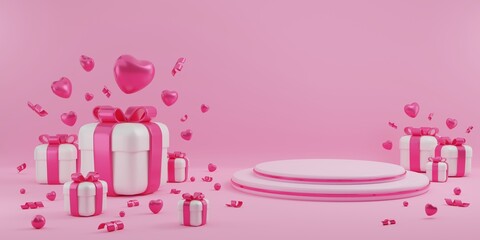 Valentines day Poster or Banner Template with Cute Gift Box and Blank product podium scene. Valentines day and Love background concept.