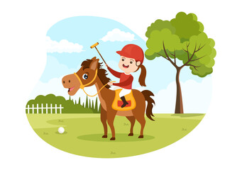 Obraz na płótnie Canvas Polo Horse Sports with Kids Player Riding Horse and Holding Stick use Equipment Set in Flat Cartoon Poster Hand Drawn Template Illustration