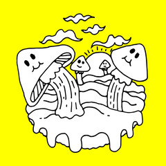 Illustration in black and white of mushroom land