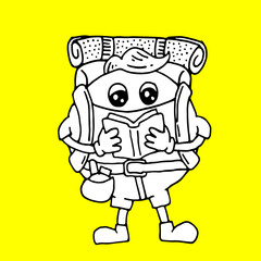 Hand-drawn in black and white of a traveling character 